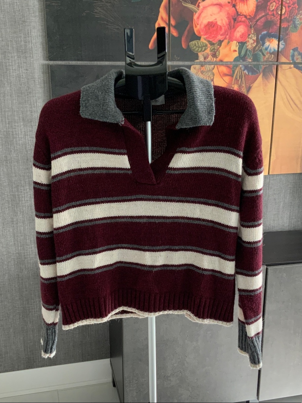 Motel Burgundy, cream and gray striped Sweater M